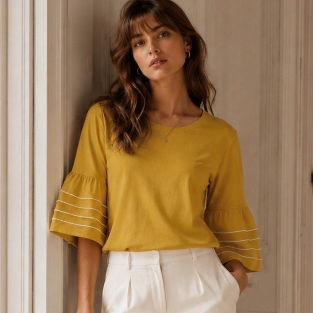 J. Crew Mustard Yellow Bell Sleeve Top Cotton Boho Size Small